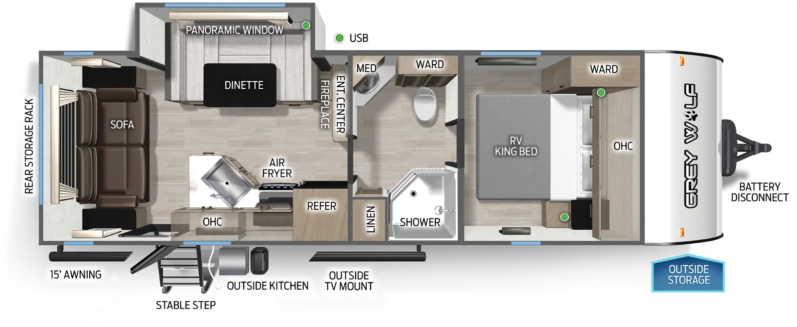 The Grey Wolf 23MK floorplan has one entry and one slide out. Exterior features include: metal exterior, 15' awning and outside kitchen. Interiors features include: u-dinette, front bedroom, rear living and pass through bathroom.